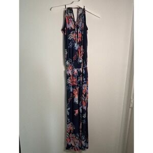 INC International Concepts Petite Floral Halter‎ Jumpsuit Navy Coral PS Wide Leg